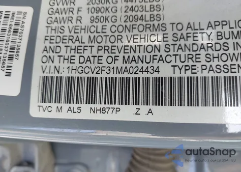 2021 Honda Accord Sport 2.0T z USA, uszkodzony, nr VIN 1HGCV2F31MA024434